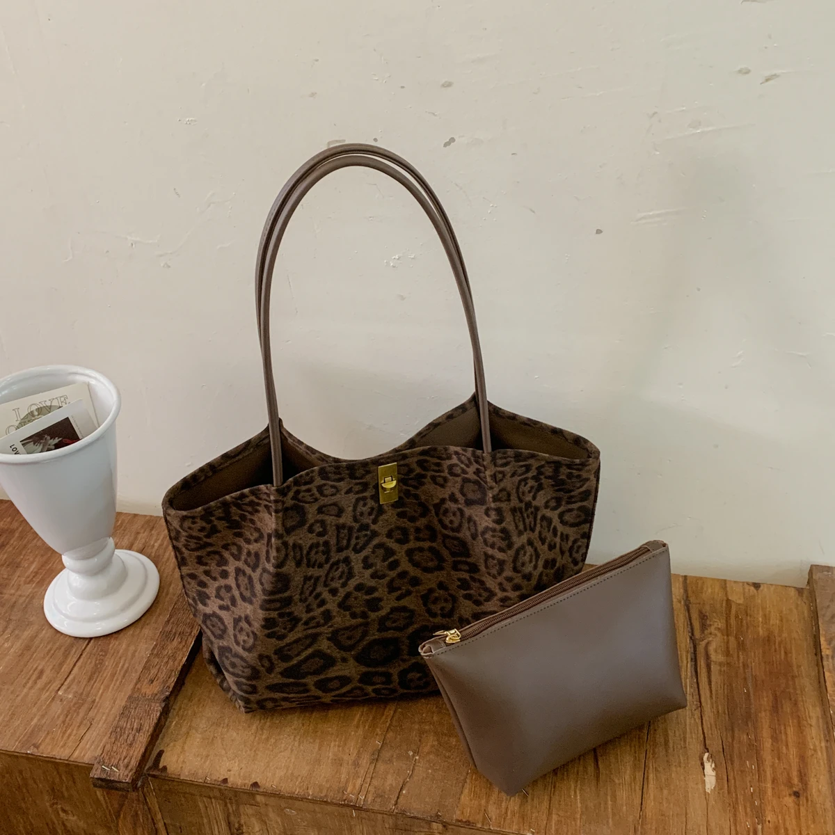 Luxury Bags Tote - Retro Leopard Print Suede Tote Bag